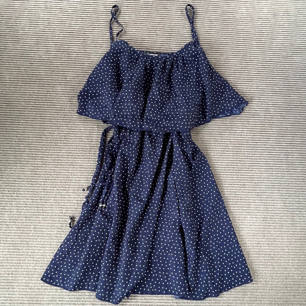 My Michelle Navy Blue Polka Dot Ruffle Mini Dress Braided Belt Size‎ L